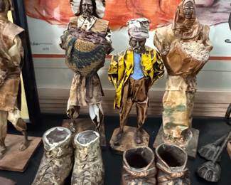 Vintage Mexican Paper Mache Folk Art Figures and Boot Vases