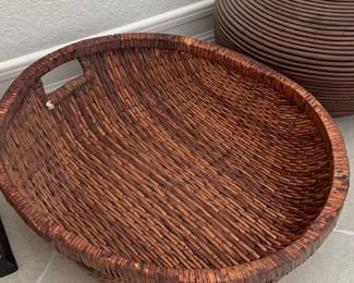 Oval Dark Brown Woven Rattan Decorative Tray with Cutout Handles