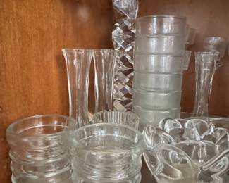 Vintage Clear Ribbed Glass Nesting Bowls and Vases Collection