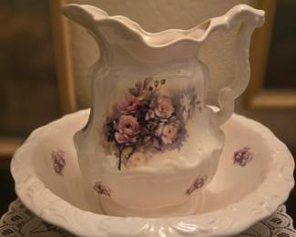 Vintage Ceramic Pitcher & Water Basin Athena California Pottery Rose Rhapsody