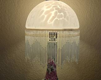 2 Vintage Victorian Style Boudoir Lamp Frosted Dome & Beaded Fringe