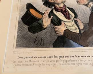 12”x13” Honoré Daumier Hand-Colored Lithograph “Désagrément de causer…” – Matted