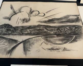 18” x 24” Harry Zarin Abstract Landscape Charcoal Sketch on Paper