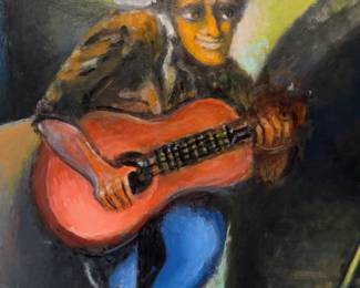 27”x37” Harry Zarin Signed Original Guitar Player Oil Painting – Professionally Framed