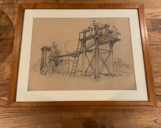 19”×23” Daniel Celentano Signed Original WPA-Era Industrial Drawing – Professionally Framed
