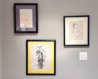 14”x18” Wade White Signed Original Interior Still Life Drawing – Professionally Framed, 15”x18” Michael Lenson Original Figurative Ink Drawing – Professionally Framed, and 18”×22” Wade White Signed Original Botanical Drawing – Professionally Framed