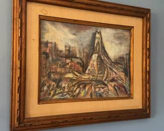 19” × 23” Framed Original Painting Bridge Cityscape by Harry Zarin 
