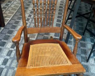 36”x20” Vintage Spindle Back Wood Rocking Chair with Caned Seat