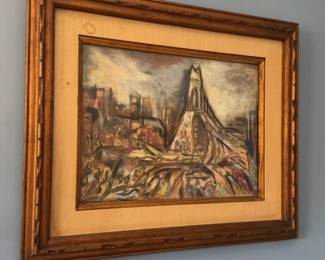 19” × 23” Framed Original Painting Bridge Cityscape by Harry Zarin 