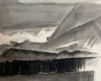 18” x 24” Harry Zarin Minimalist Black and White Mountain Landscape Ink Painting