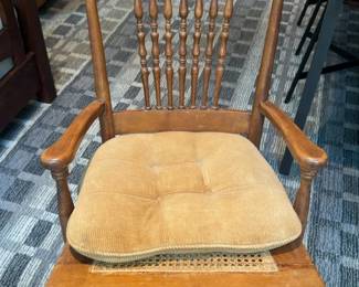 36”x20” Vintage Spindle Back Wood Rocking Chair with Caned Seat