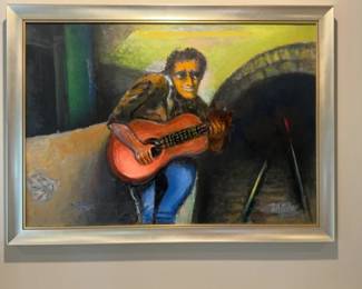 27”x37” Harry Zarin Signed Original Guitar Player Oil Painting – Professionally Framed