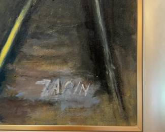 27”x37” Harry Zarin Signed Original Guitar Player Oil Painting – Professionally Framed