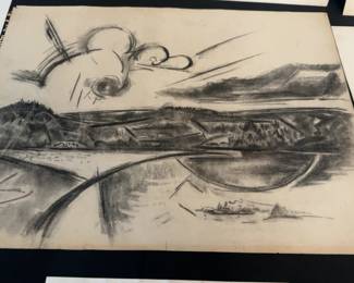 18” x 24” Harry Zarin Abstract Landscape Charcoal Sketch on Paper