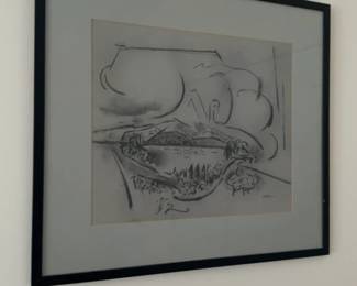 23”×26” Harry Zarin Signed Original Landscape Drawing – Professionally Framed