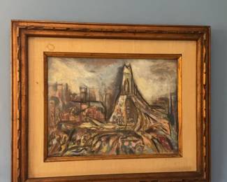 19” × 23” Framed Original Painting Bridge Cityscape by Harry Zarin 