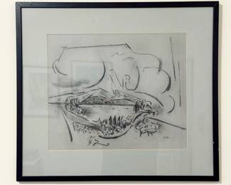 23”×26” Harry Zarin Signed Original Landscape Drawing – Professionally Framed