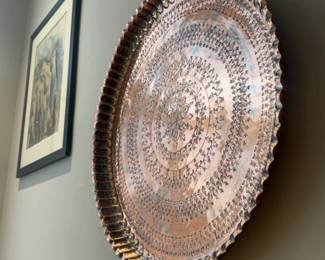 27” Hand-Hammered Copper Wall Charger with Intricate Repoussé Decoration