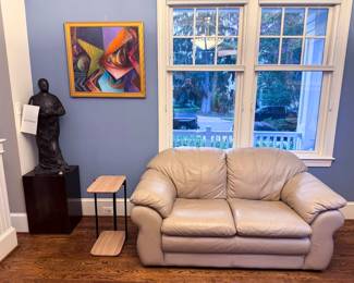 66”x31”x32” Beige Leather Loveseat Sofa, 25”x16”x11” Modern C-Shaped Side Table with Wood Grain Finish, and 29”×31” Harry Zarin Original Abstract Oil Painting - Professionally Framed