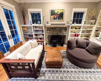 62”x32”x27” Hardwood Artisan’s Mackintosh Loveseat 1/4-Sawn White Oak with English Oak Stain and custom Cream Cushions - Handcrafted and Custom Made, 51" Room & Board Oversized Swivel Chair and more