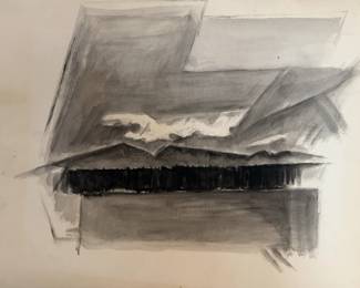 18” x 24” Harry Zarin Minimalist Black and White Mountain Landscape Ink Painting