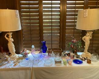 figural lamps, vintage glassware, MCM lidded candy bowl, cobalt vase, Moderntone child's dishes, etc.