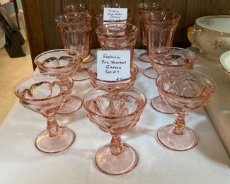 Fostoria pink water goblets and sherbets