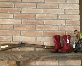 vintage Davy Crockett rifle, child's boots, etc.