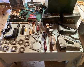 swivels, driver, trowels, nice scraper, ammo boxes, pneumatic nailers, etc.