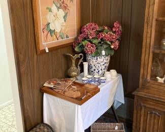 Asian decor--large blue and white vase, brass ewer, lacquered tray with coasters, fan, etc. ,
