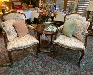 beautiful upholstered arm chairs, oval table, floral, repro vintage dial phone
