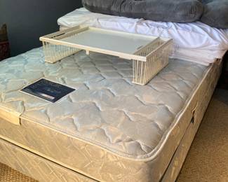 queen headboard, full Simmons mattress and springs, bed tray, memory foam, body pillow