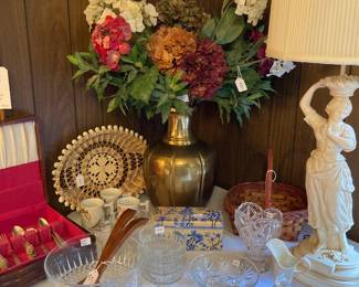 brass floral, ornate basket, glassware, figural lamp