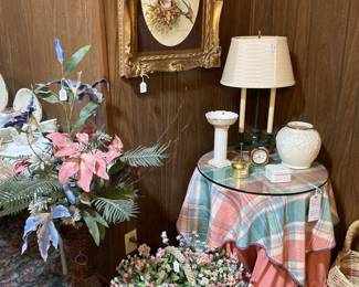 florals, round glass-top table, lamp, etc