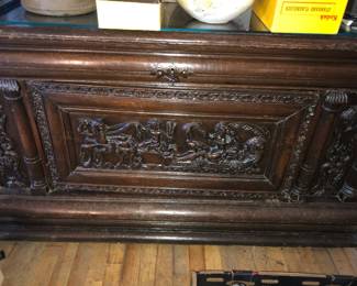 French heavily carved chest with hidden compartment behind the carved scene now $250