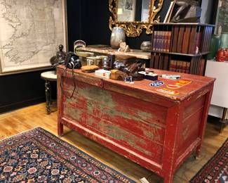 Large country blanket chest in old red paint