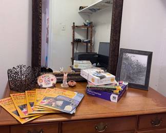Vintage desk, miscellaneous office supplies, and home decor, as well as large frame framed mirror