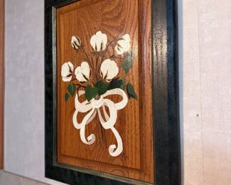 Framed cotton wall art. Rustic farmhouse décor with hand-painted cotton bolls on wood