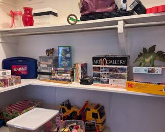 Toys, games, children’s books, puzzles, board games, dump trucks, storage bins, home décor, handbags, and miscellaneous household items.