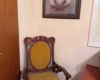 Antique Victorian platform rocker with carved solid wood frame, upholstered seat and back, unique spring platform base that provides a gentle up-and-down bouncing motion, early 1900s era, vintage accent chair, collectible furniture, framed cotton artwork, side table