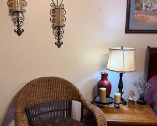 Wicker Chair, Rustic End Table & Accent Decor