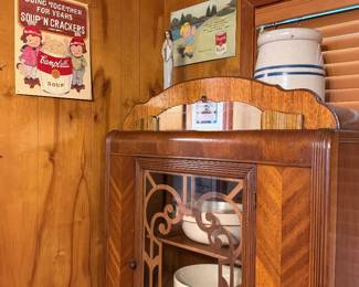 Mid-century modern China hutch with vintage crocks , Vintage, Campbell, Soup signs