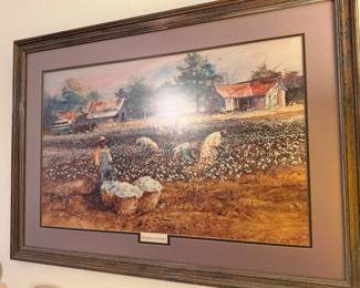 Large framed cotton field print featuring Southern farmhouses, cotton pickers, rustic landscape, and wooden frame.