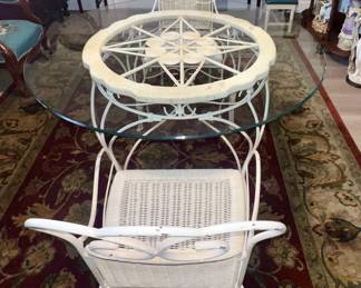 Shabby Chic Iron/Wicker/Glass Top Table 2 Chairs $125.00