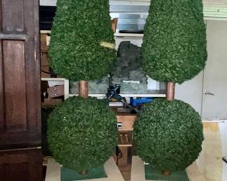 Pair of Commercial Artificial Boxwood Topiary Trees in Pedestal Planters 8 ft Tall $395.00