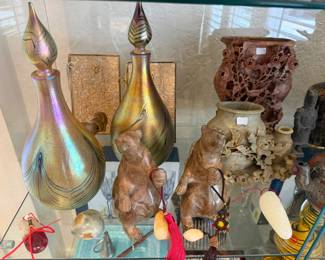 Lundberg Studios, raw jade pendants and carved stone bear bookends