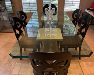 Exquisite Neo-Classical double pedestal table with 8 Arhaus Jordan Bell'arte matte black chairs