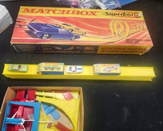 Vintage Matchbox Superfast SF-4 Double Loop Race Set by Lesney Products, England (circa 1970s). Includes original box, track pieces, accessories and Matchbox Superfast cars. Estate fresh and in very good vintage condition. A great collectible for Matchbox enthusiasts. $175 plus actual shipping costs or local pickup.