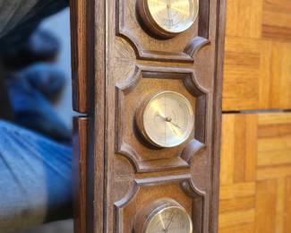 Vintage Springfield Weather Stations (2) – Thermometer / Barometer / Hygrometer  Pair of vintage Springfield three-in-one weather stations featuring brass-tone thermometer, barometer, and hygrometer dials mounted on decorative wood plaques. Includes one rectangular carved wood model and one oval wood-grain model. Attractive mid-century to traditional décor pieces that are both functional and decorative. Great for a den, office, cabin, or collector of vintage scientific instruments.  Sold as one lot. Buyer pays shipping or local pickup available.  Approximate Age Circa 1965–1985 Approximately 40–60 years old Condition Very good vintage cosmetic condition. Light age-related wear to the wood. Brass-tone instruments appear clean. Untested; calibration accuracy not guaranteed. Estimated Value Rectangular Springfield Weather Station: $30–45 Oval Springfield Weather Station: $35–50