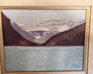 Signed Vicki White Beautiful original signed landscape painting depicting a serene glacier lake surrounded by snow-covered mountains and evergreen forests. Signed by the artist in the lower right corner. The painting is housed in a simple wood frame and offers a timeless, tranquil scene that would complement a rustic, lodge, or traditional décor.  A wonderful estate find and an attractive piece for collectors of original artwork and mountain landscapes.  Price: $95 plus shipping or local picku